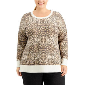 Ideology Womens Traditional Leopard-Print Scoop Neck Sweatshirt Plus Size 1X